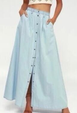 Pistola Baez Light Wash Cotton Button Front Maxi Skirt Large Pockets Cottagecore